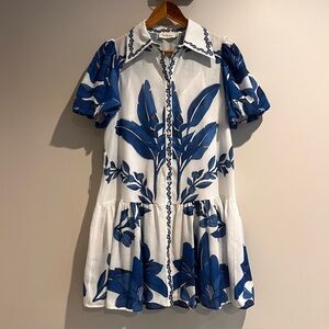Taelynn Farm Rio Blue White Tropical Print Drop Waist Midi Dress Collar Buttons